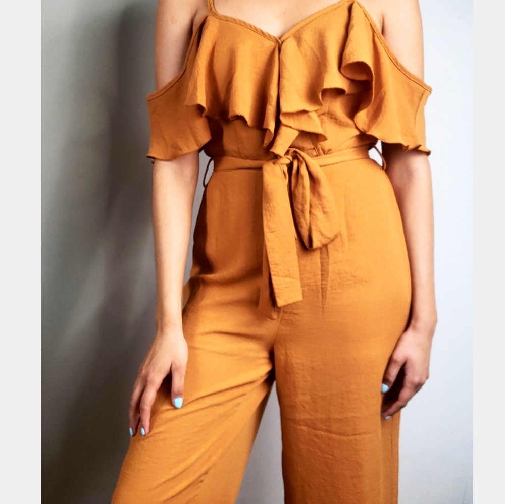 The June// Rust ruffle Jumpsuit